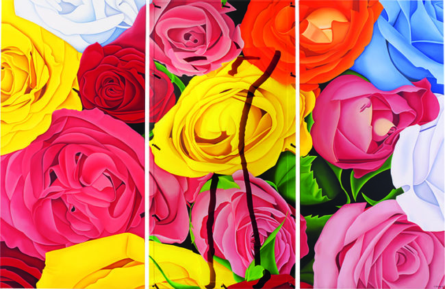 caroline dechamby roses multicolores fleurs triptyque painting